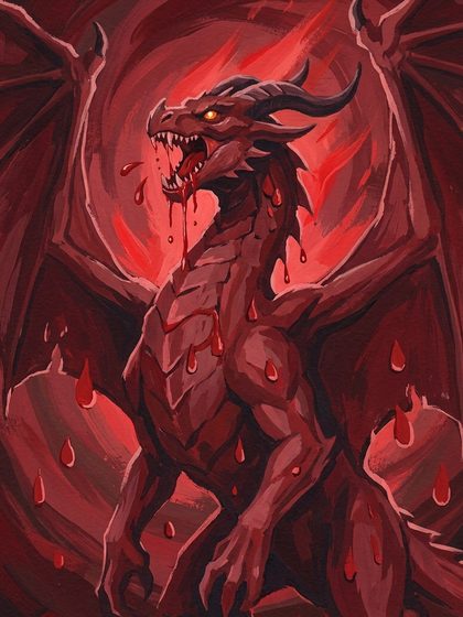 A crimson dragon rearing with wings spread