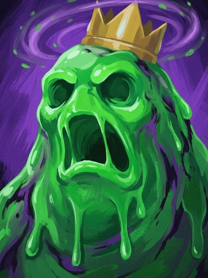 A towering green slime wearing a golden crown