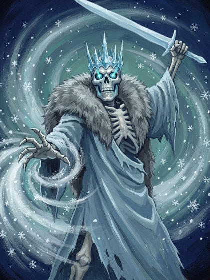 A skeletal king in a crown of ice, swirling a blizzard
