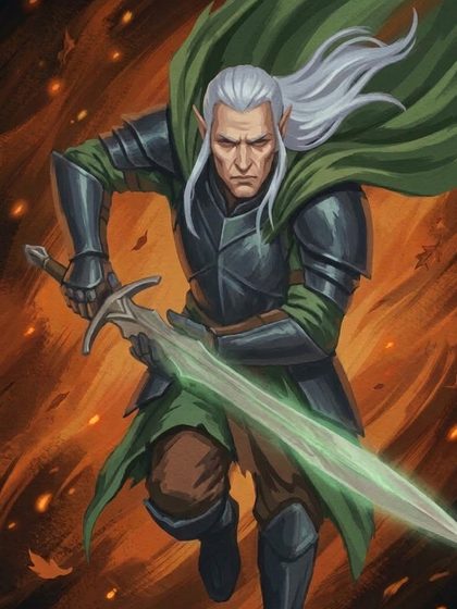 A silver-haired elven warlord charging with a green blade