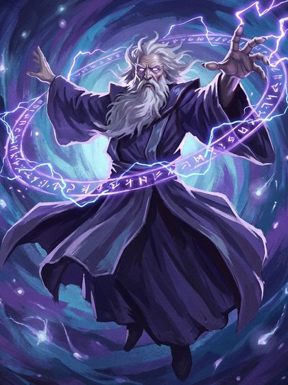 A grey-bearded wizard in a ring of violet runes
